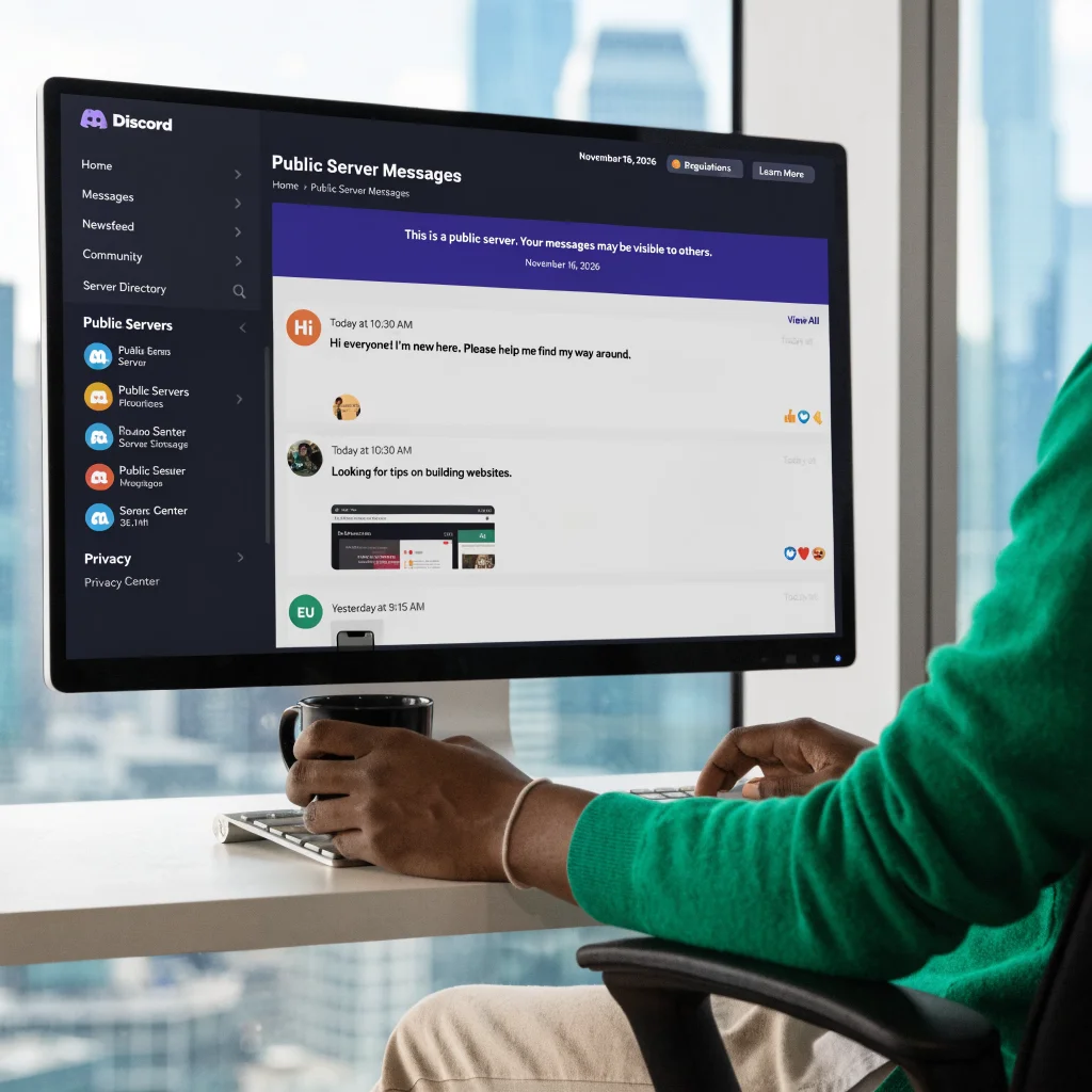 A realistic photo of a computer screen displaying Discord's public server messages with a clear privacy disclaimer and EU regulations notice dated November 16, 2026.