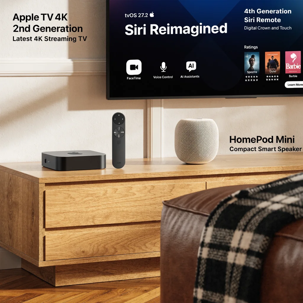 A realistic photo of the Apple TV 4K 2nd generation with the 4th generation Siri Remote and HomePod mini showcasing the new tvOS 27.2 update features including FaceTime and Siri AI.