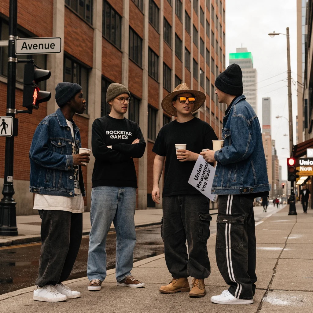 A group of Rockstar Games employees holding a union recognition vote poster outside the company headquarters amid discussions about GTA VI release and workers’ rights.