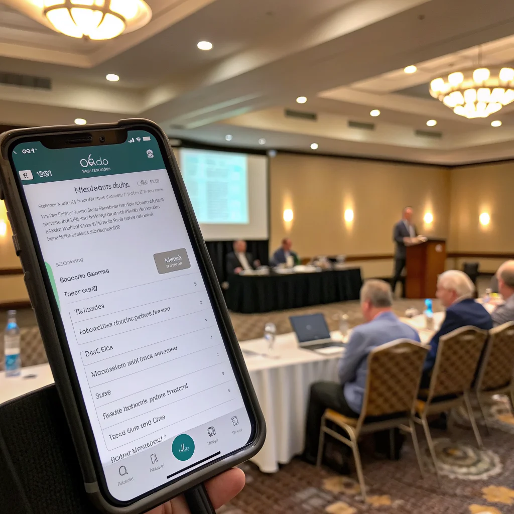 A smartphone screen displaying the Gemini Notebook app recording and transcribing speech during a meeting in a well-lit conference room.