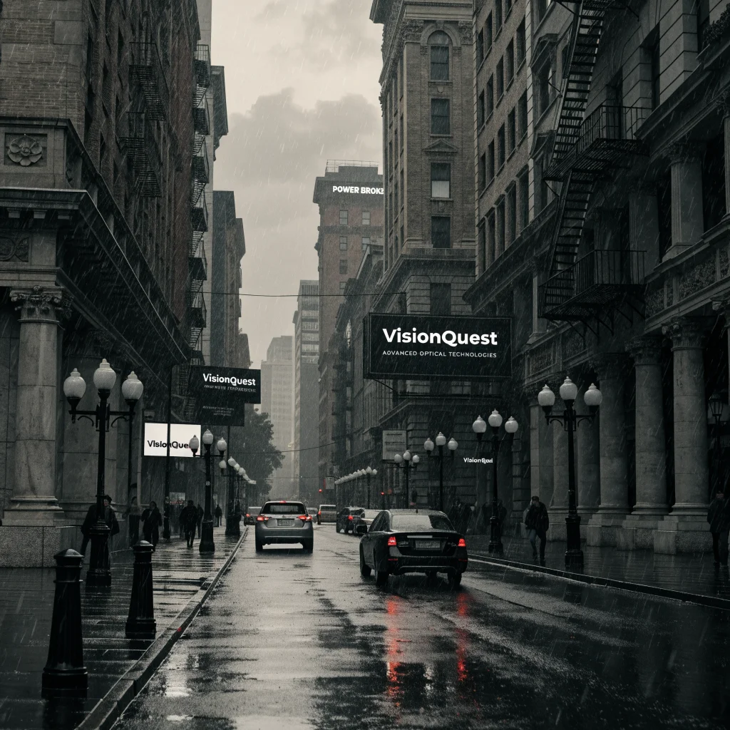 A realistic photo of Madripoor cityscape in the Marvel Cinematic Universe featuring VisionQuest advertising and a subtle Power Broker presence.