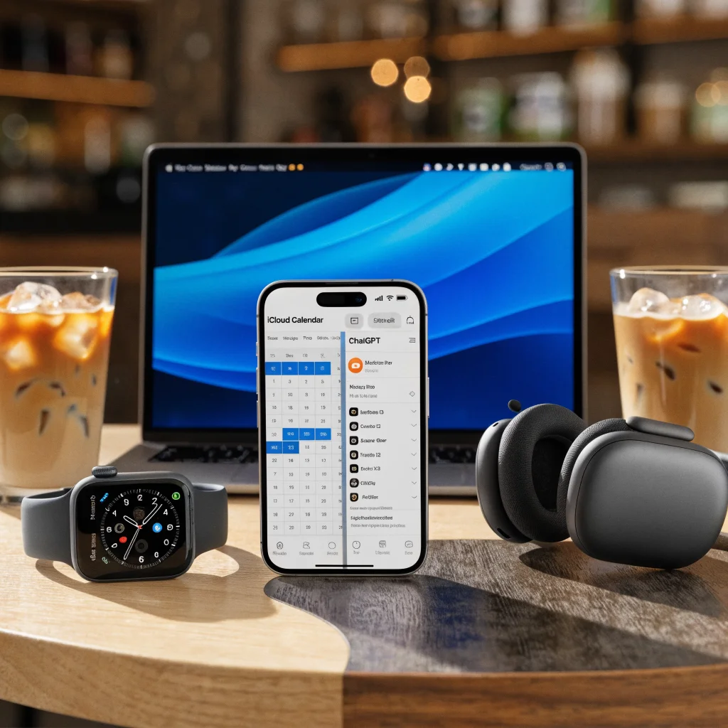 A realistic photo of an iPhone 17 displaying iCloud Calendar and email apps integrated with ChatGPT on the screen beside Apple products like MacBook Pro, Apple Watch Series 12, and AirPods Max.