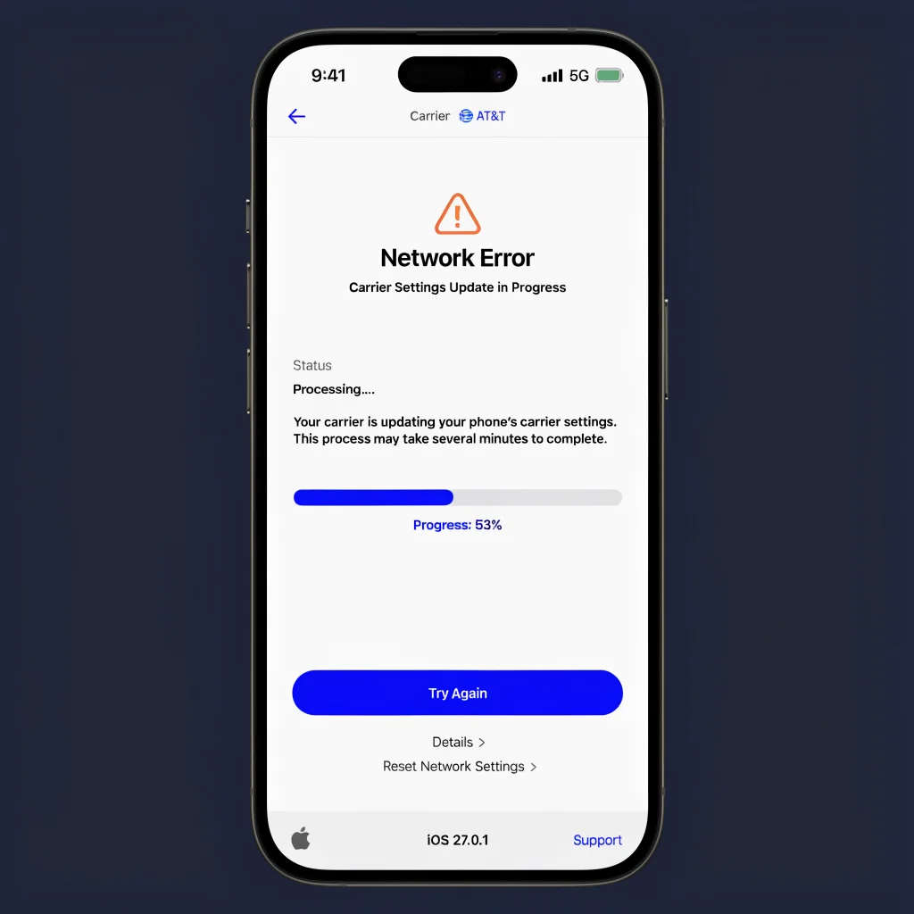 A close-up of an iPhone 18 Pro Max screen showing a network error message with AT&T carrier settings update in progress on iOS 27.0.1.