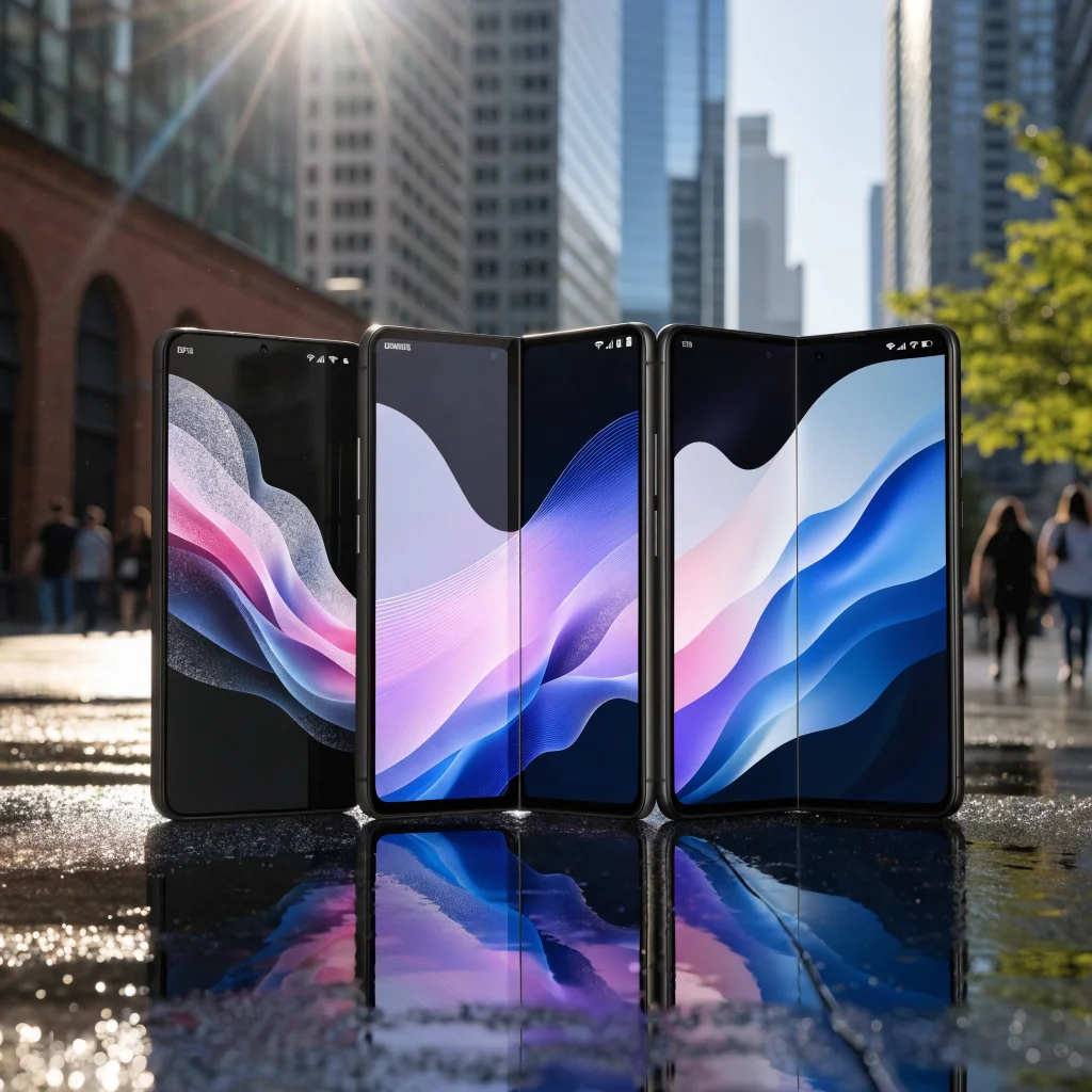 A realistic photo of the Samsung Galaxy Z Fold 9 foldable smartphone displaying its improved screen ratio compared side by side with older Galaxy Z Fold models.