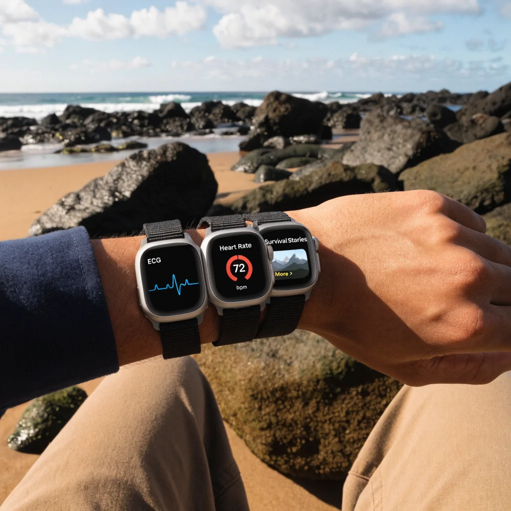 A realistic photo of an Apple Watch Ultra 4 displaying emergency health functions, including ECG and heart rate monitoring features, highlighting survival stories.