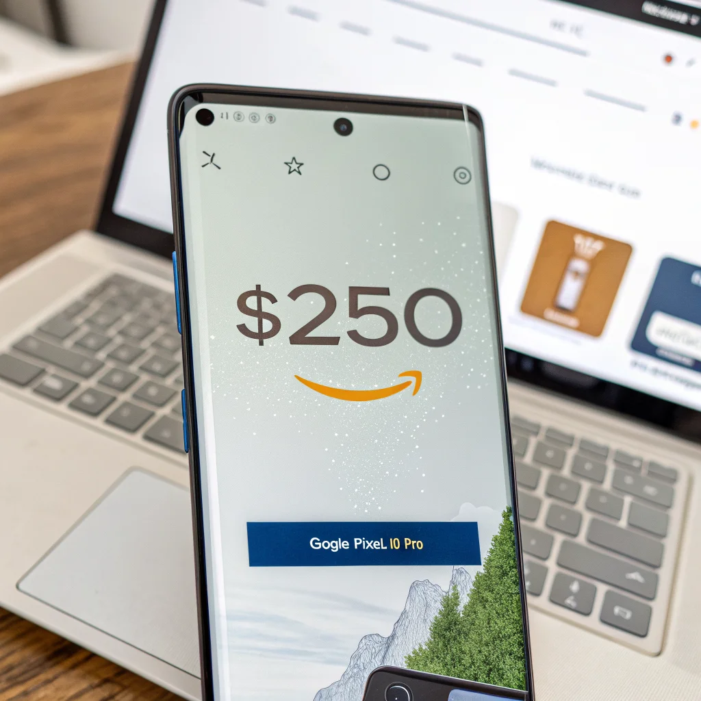 A realistic photo of a Google Pixel 10 Pro smartphone with a $250 discount label displayed on an Amazon online shopping page.