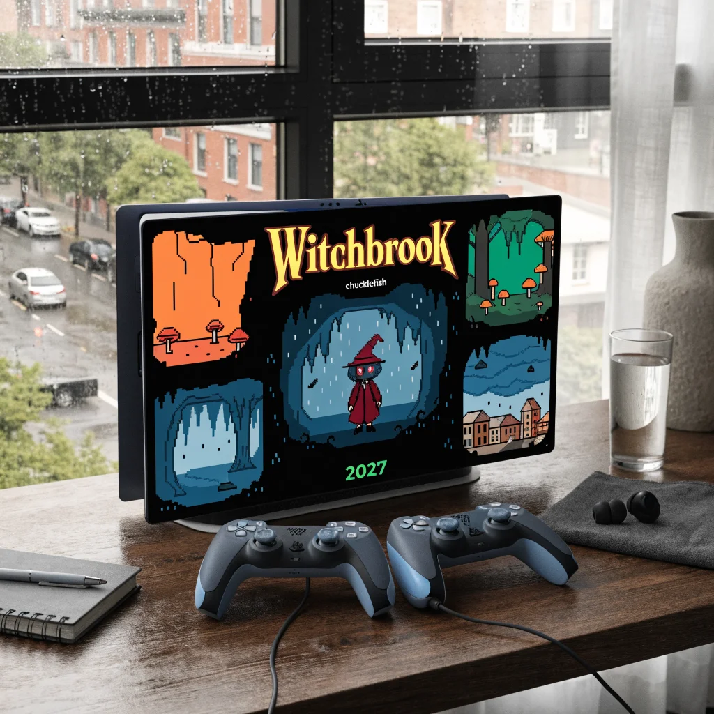 A realistic photo of a PS5 console displaying Witchbrook, a magical pixel art RPG by Chucklefish, with a 2027 release date highlighted.