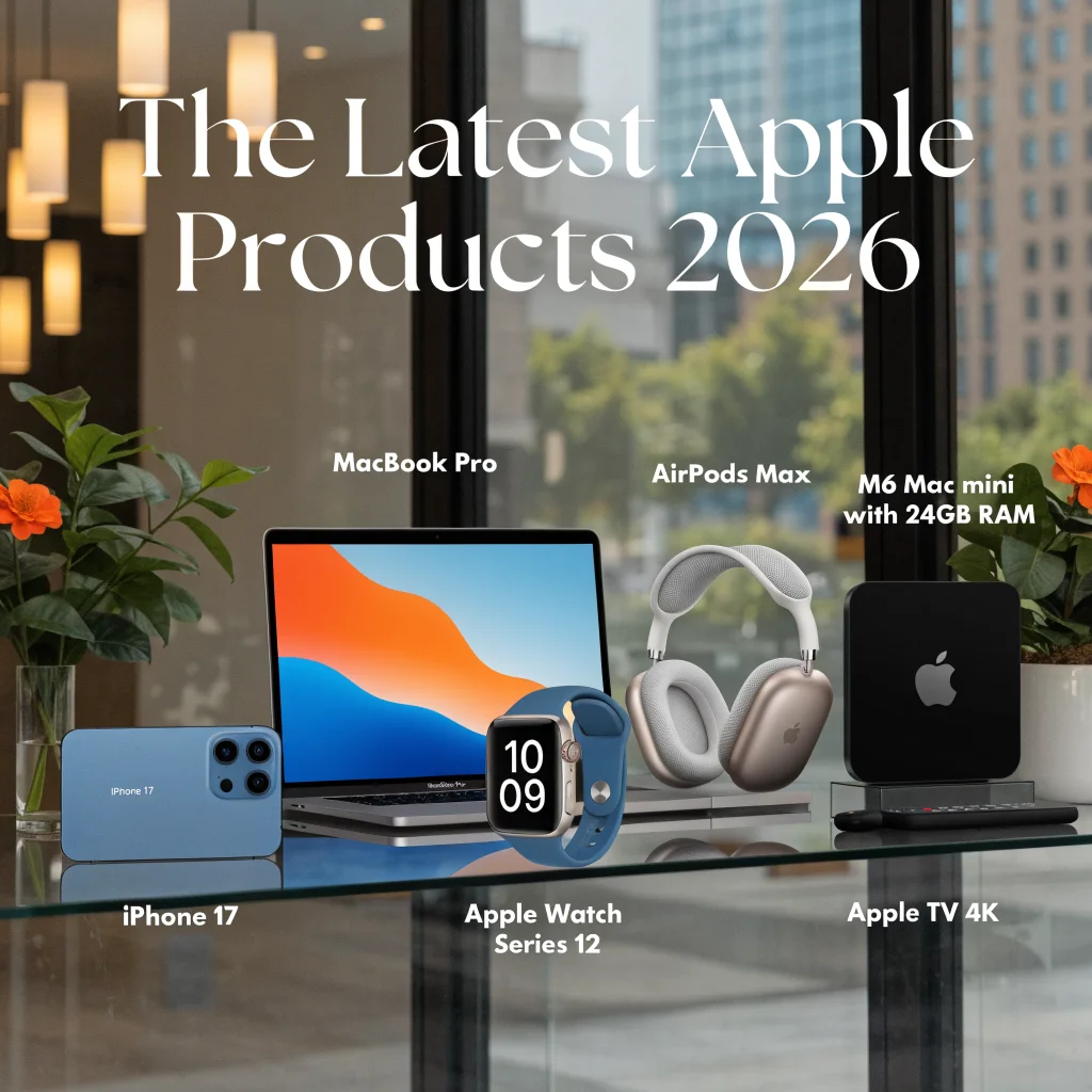 A sleek M6 Mac mini with 24GB RAM showcased alongside the latest 2026 Apple products including MacBook Pro, iPhone 17, Apple Watch Series 12, AirPods Max, and Apple TV 4K in a vibrant tech store display.