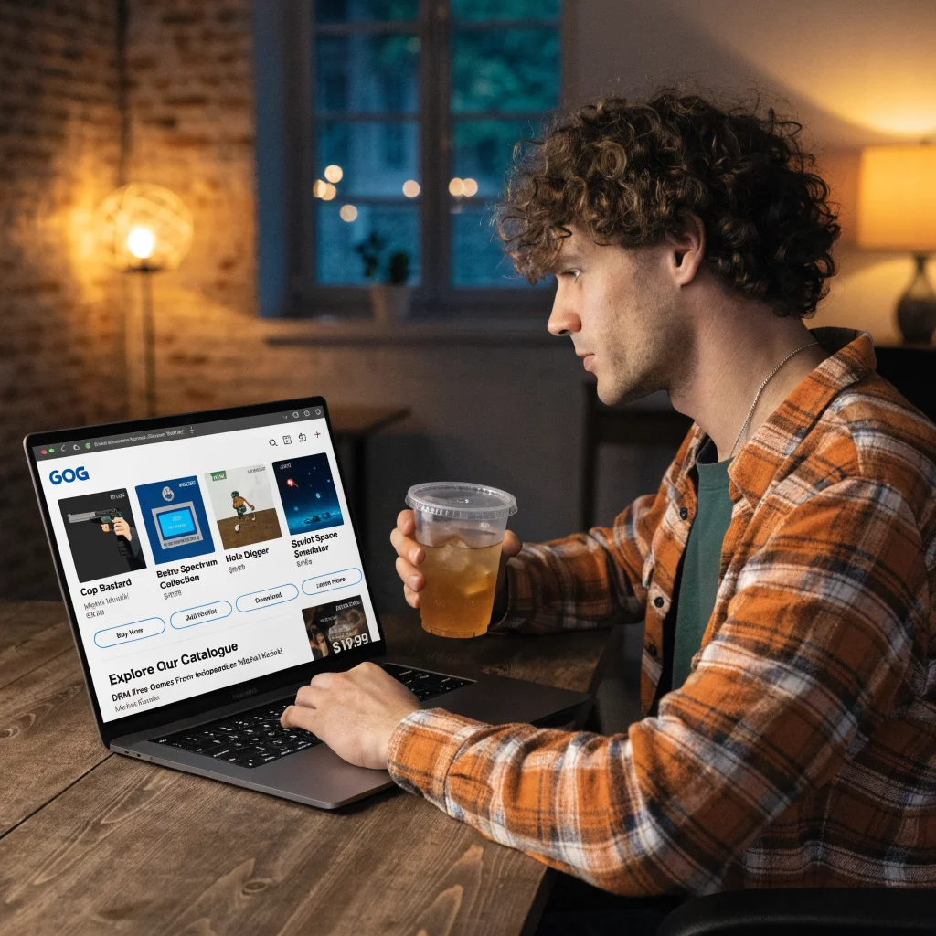 A realistic photo of gamer browsing DRM-free classic PC games like Cop Bastard on GOG platform, highlighting Michał Kiciński's independent digital distribution.