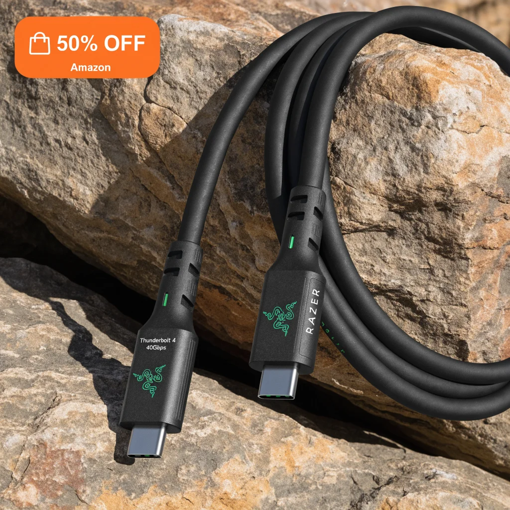A high-resolution realistic photo of a 2-meter Razer Thunderbolt 4 USB-C cable with 40Gbps speed, premium design, and Amazon 50% discount tag.