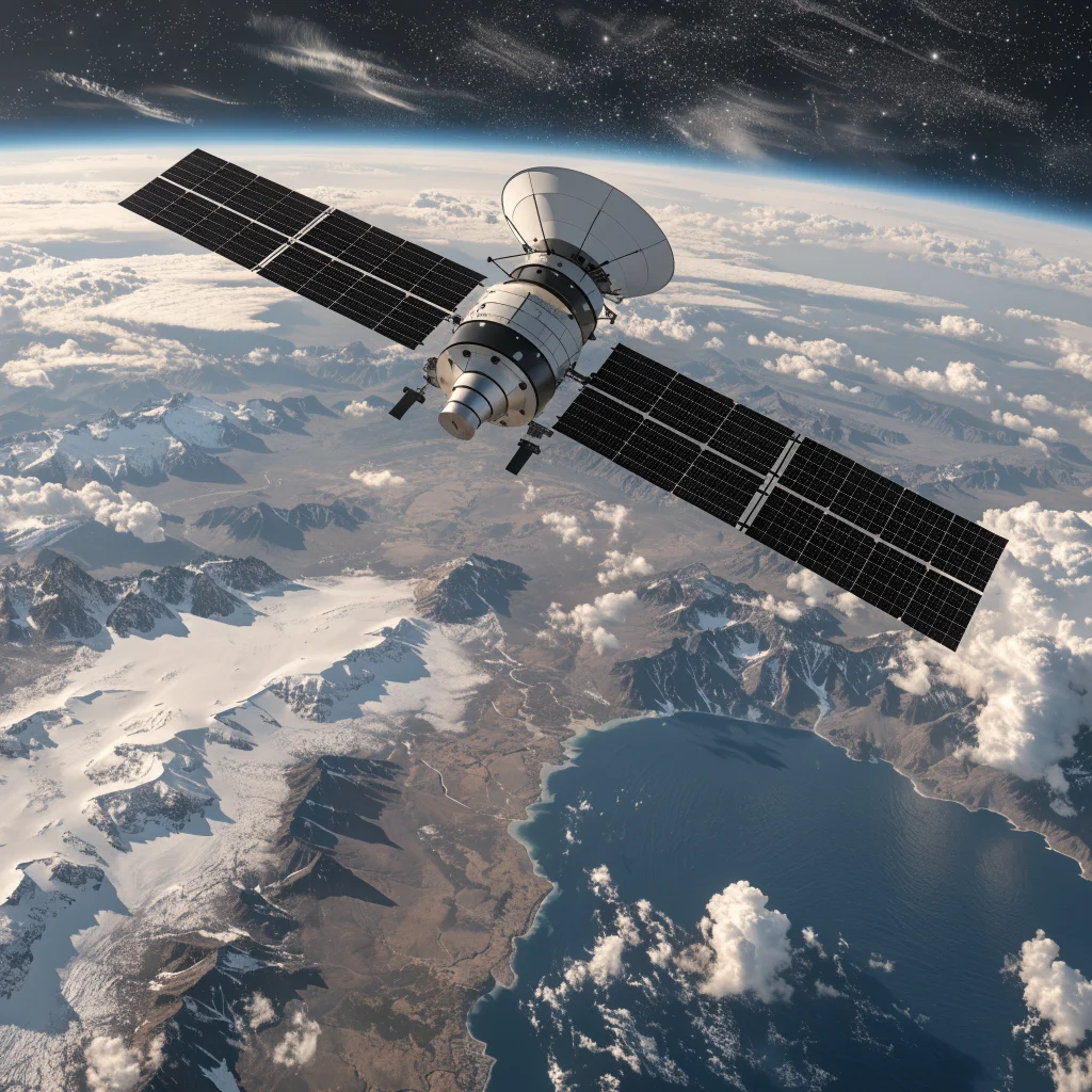 A realistic photo of a satellite in low Earth orbit providing mobile satellite communication and internet coverage over remote areas, symbolizing Amazon Leo’s approved acquisition of Globalstar by the FCC in 2026.