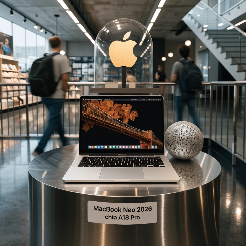 A realistic photo of the Apple MacBook Neo 2026 with chip A18 Pro displayed in an Apple education store showcasing macOS Golden Gate.