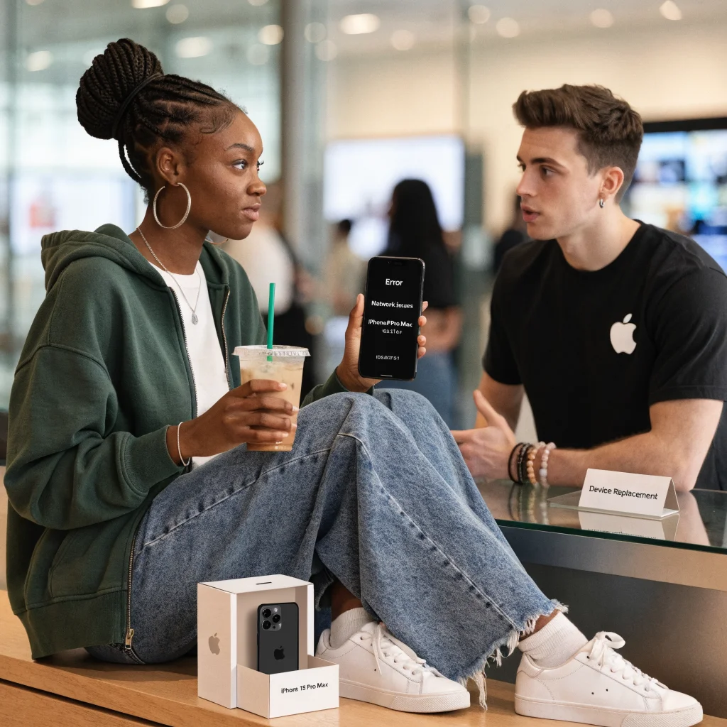 A customer at an Apple Store receiving support and device replacement for iPhone 18 Pro Max network issues with iOS 27.0.1 on AT&T.