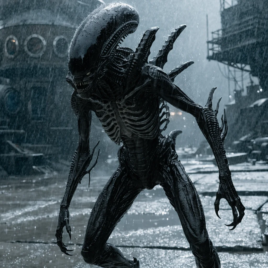 A realistic photo of a Xenomorph stalking in the atmospheric outdoor environments of Sevastopol under eerie weather, highlighting intense alien intelligence and horror game design.