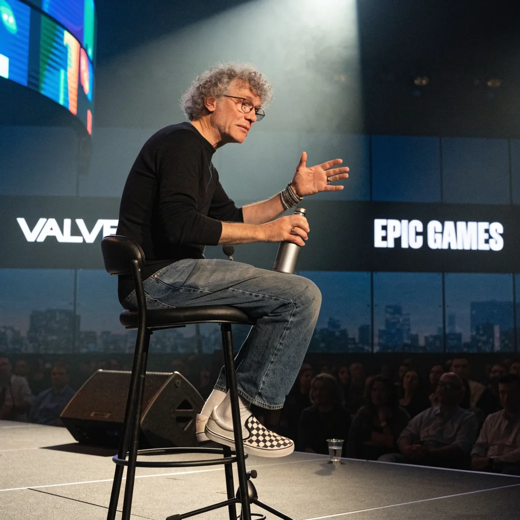 Tim Sweeney discussing challenges of platform commissions and crossplay in PC gaming at a tech conference with Valve and Epic Games logos in background.