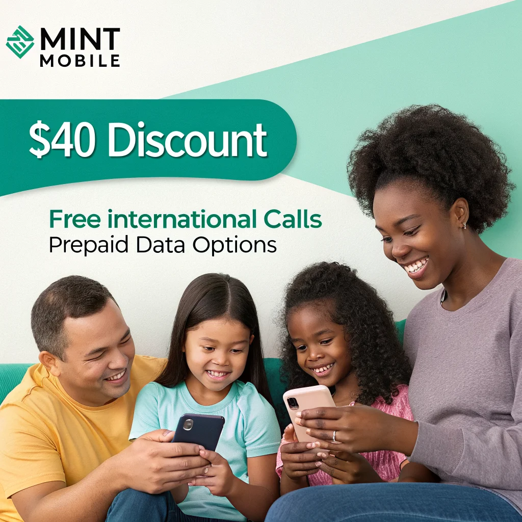A family using Mint Mobile's new plan with five unlimited 5G T-Mobile lines, $40 discount, free international calls, and prepaid data options.