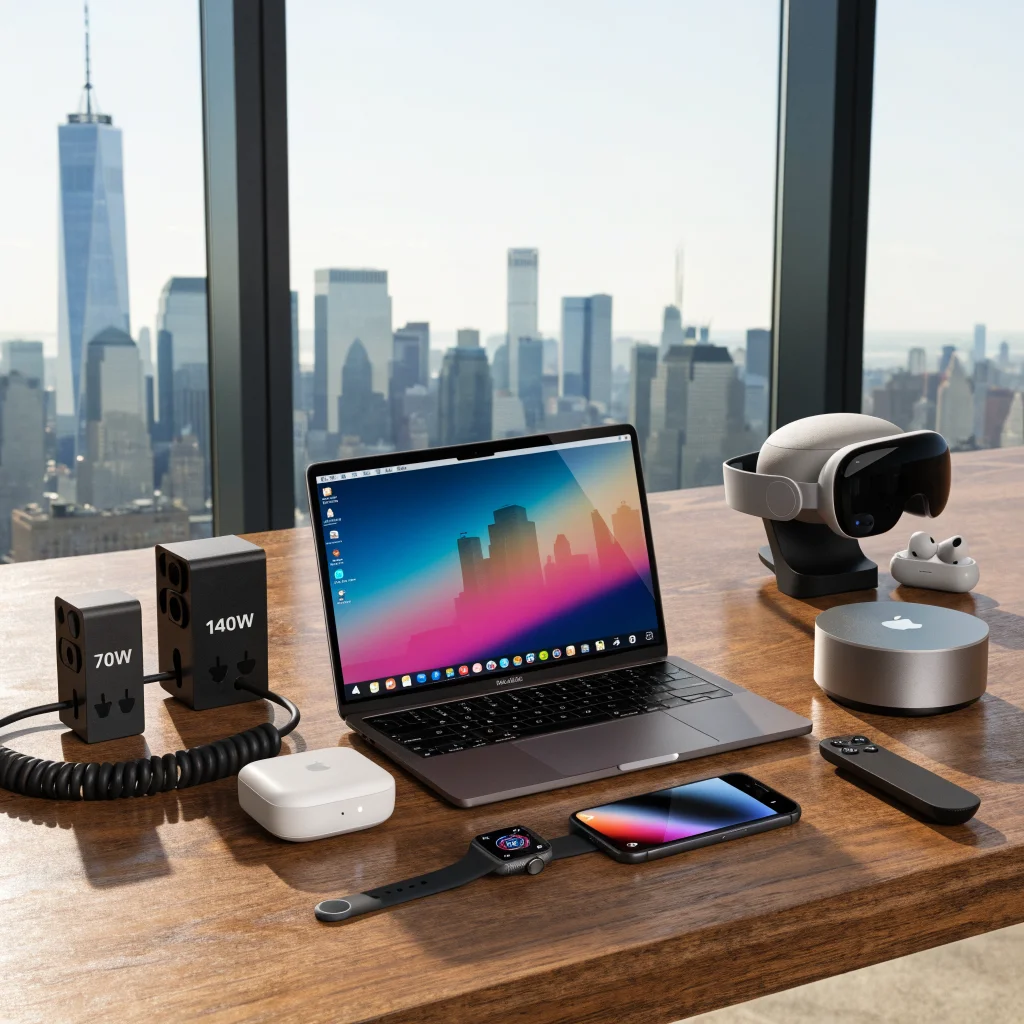 A realistic photo showcasing Apple World Travel Adapter Kits, 70W and 140W Apple power adapters, extension cable, MacBook Neo, Apple Watch Series 12, iPhone 17, Apple HomeKit, Apple TV 4K, and Apple Vision Pro.