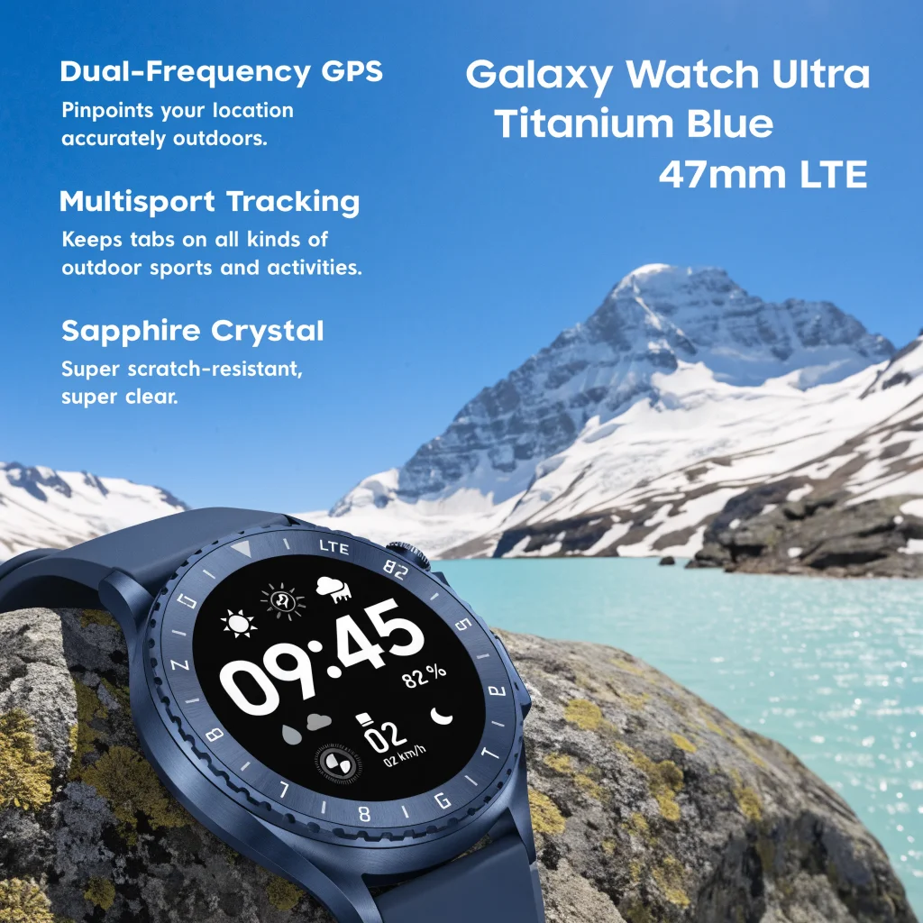 A Samsung Galaxy Watch Ultra Titanium Blue 47mm LTE smartwatch with titanium body, sapphire crystal screen, dual-frequency GPS, and multisport tracking for outdoor activities.