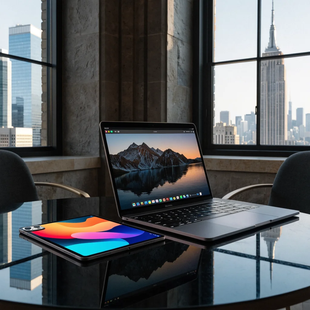 A realistic photo showing the new Apple iPad mini OLED and MacBook Pro with M6 chip displayed on a sleek table.