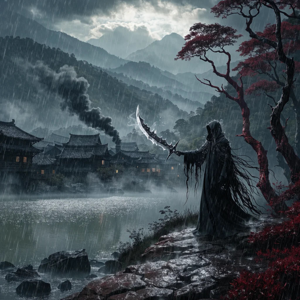 A mysterious figure wields a Phantom Blade Zero near Weeping Creek Valley's crimson forest by the Village of Lu and Meigu Lake.
