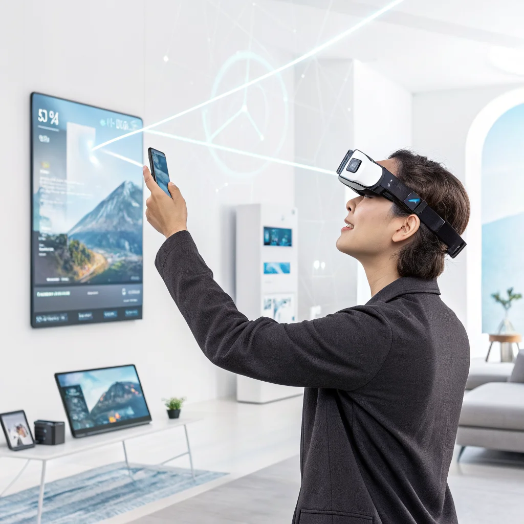 A person wearing Xreal Aura Android XR smart glasses demonstrating augmented reality features with a Samsung Galaxy XR in a modern tech environment.