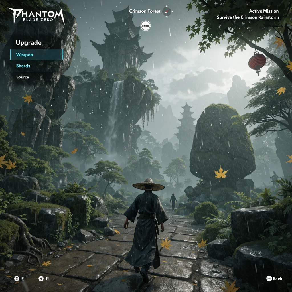 A player exploring the Wulin landscape in Phantom Blade Zero while upgrading weapons and completing Crimson Forest missions in a wuxia combat system.