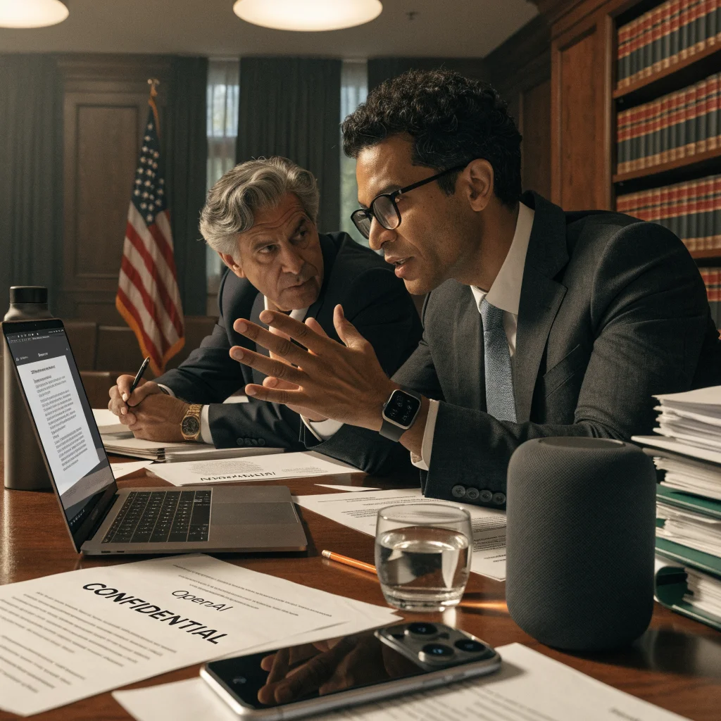 A courtroom scene in July 2027 showing Apple and OpenAI lawyers discussing confidential information with Apple devices like MacBook Pro, iPhone 17, Apple Watch Series 12, and HomePod visible.