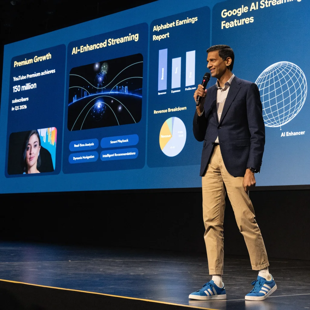 Sundar Pichai presenting YouTube Premium achieving 150 million subscribers in Q3 2026 during Alphabet's financial report, highlighting AI-driven Google streaming services.