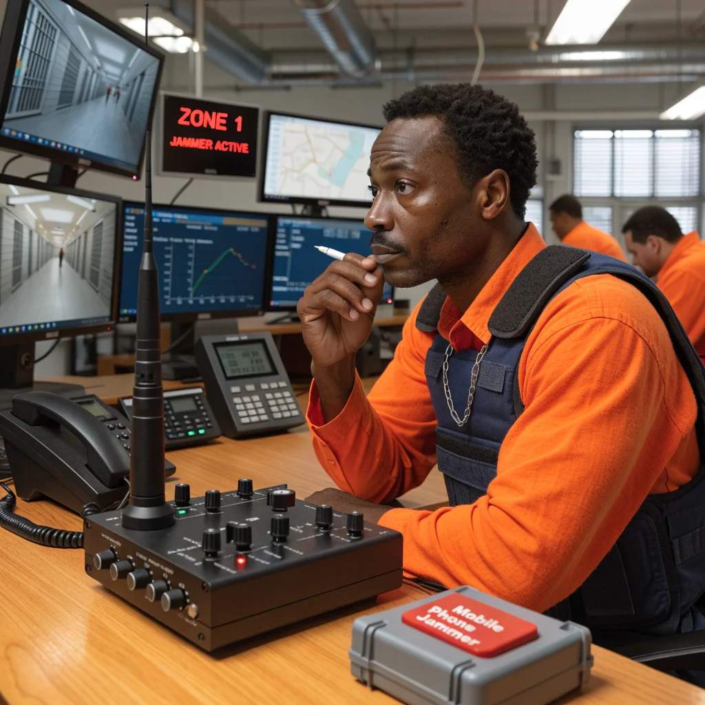 A realistic photo of a prison security control room equipped with advanced mobile phone jammer technology as part of FCC's 2026 telecom restrictions.