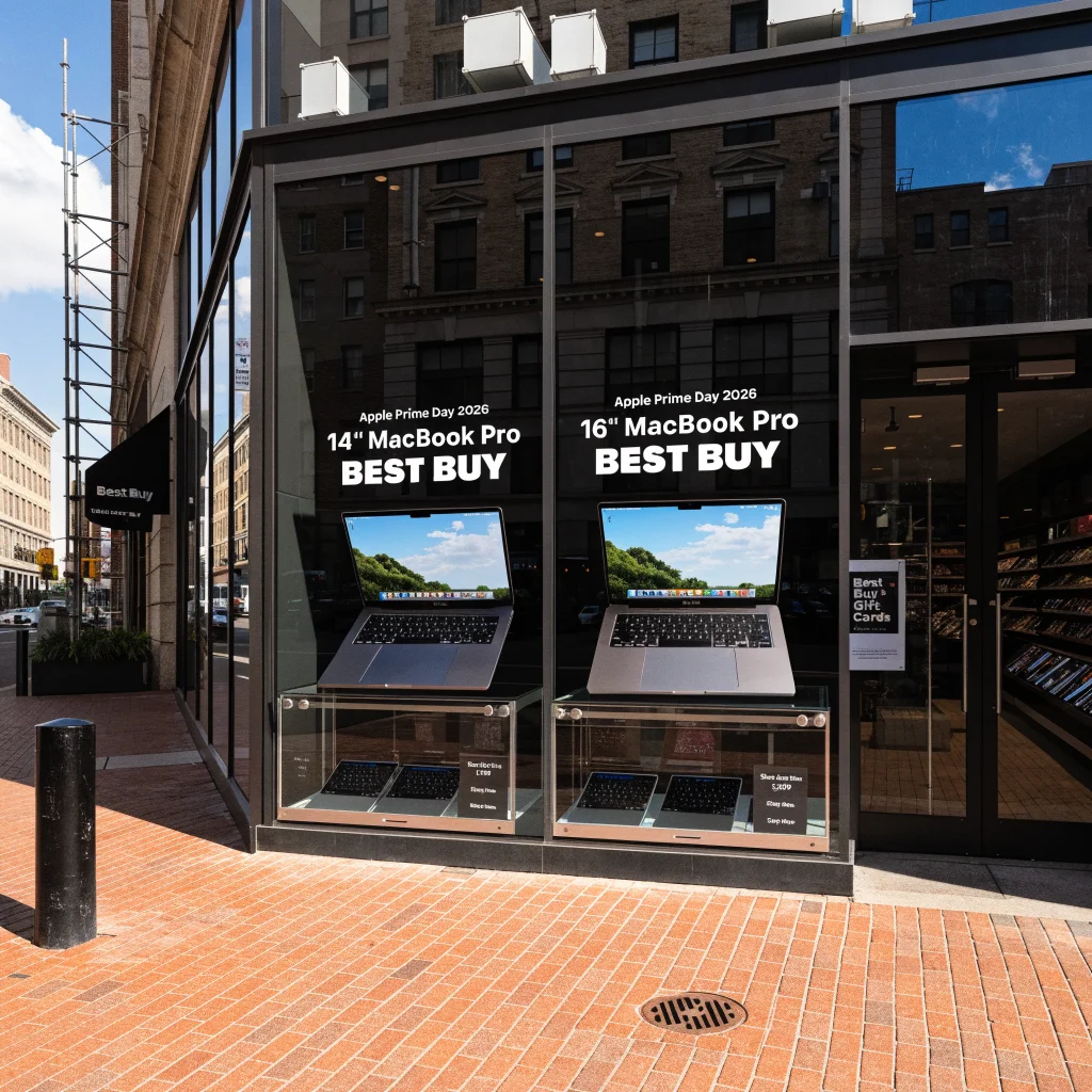 A realistic photo of a Best Buy store displaying new 14-inch and 16-inch MacBook Pro models with promotional signage for Apple Prime Day 2026 deals and gift cards.
