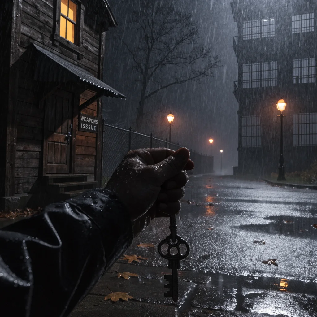 A realistic photo of a hand holding a prison cell key at the Weeping Creek Valley outpost in a dark, action-packed scene from Phantom Blade Zero.
