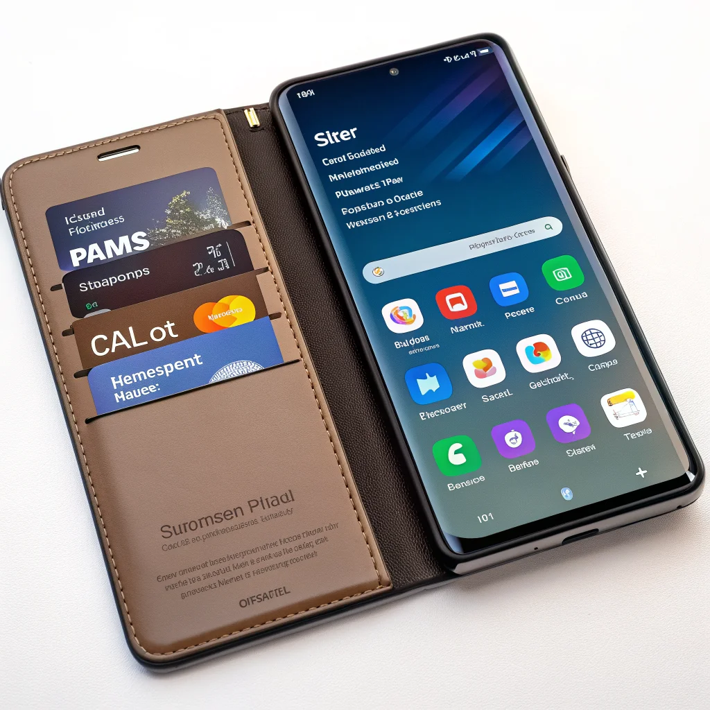 A Samsung Galaxy smartphone displaying a customized One UI home screen with Samsung Wallet, Samsung Pass, Enpass, Poweramp, Spendee, LocalSend, Journey, and Good Lock apps open.