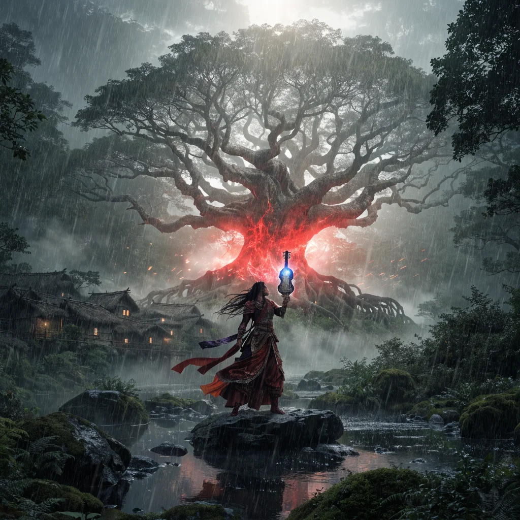 A fantasy warrior named Phantom Blade Zero overcomes the Banyan Tree trial in the mysterious Crimson Forest, wielding Illusory Pipa near Meigu Lake village.