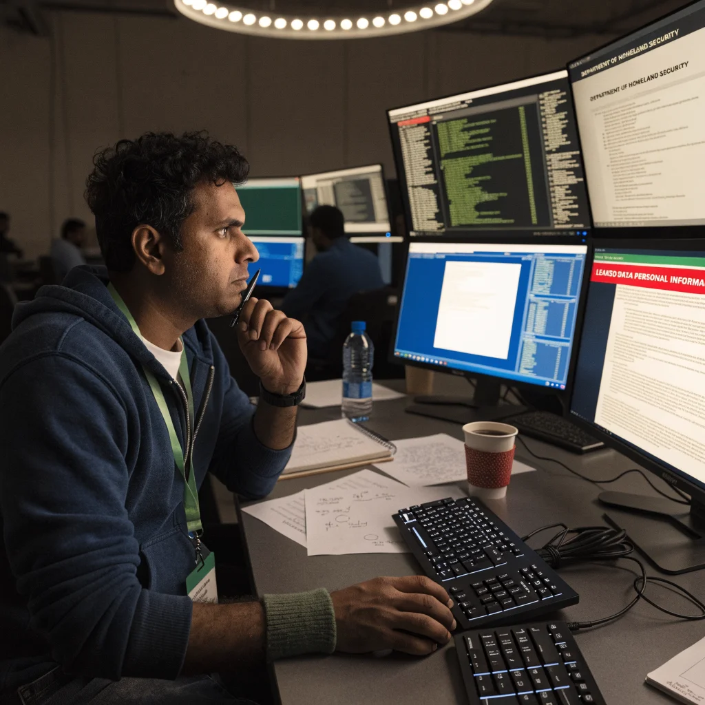 A realistic photo showing a cybersecurity expert analyzing leaked DHS personal data on multiple computer screens in a dimly lit security operations center.