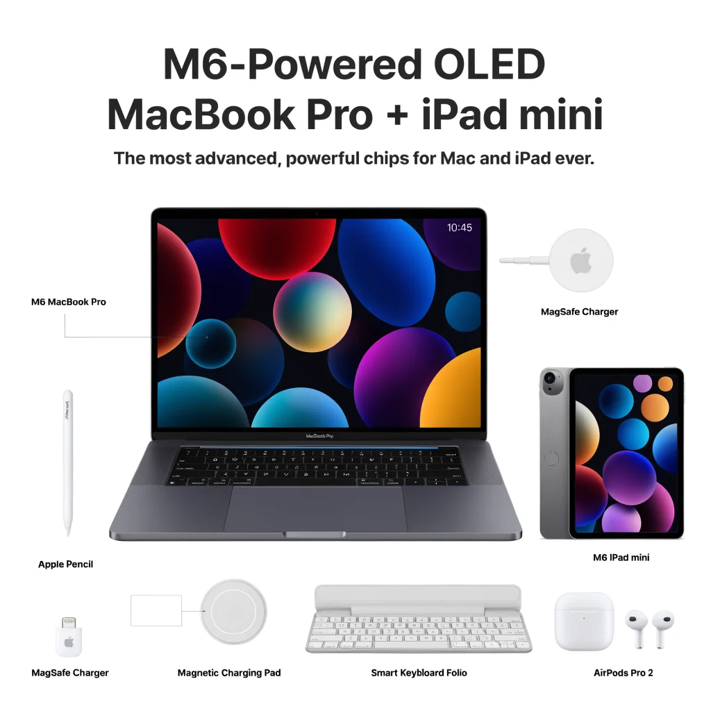 A realistic photo of Apple’s new OLED MacBook Pro and iPad mini featuring the M6 chip and updated accessories on a sleek white background.