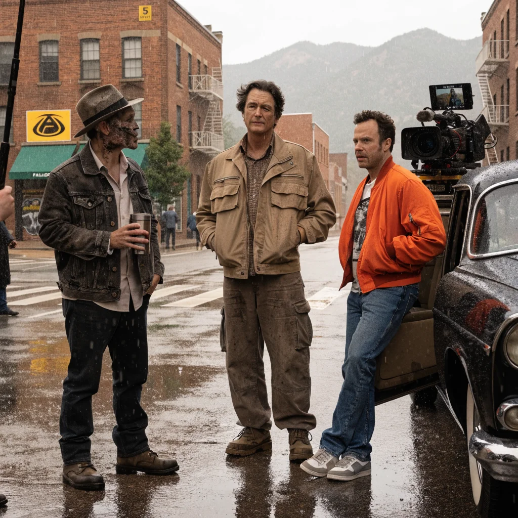 Walton Goggins as a Ghoul character on the Colorado set of Fallout season 3, alongside Kyle MacLachlan and Aaron Paul, filming for Prime Video series.
