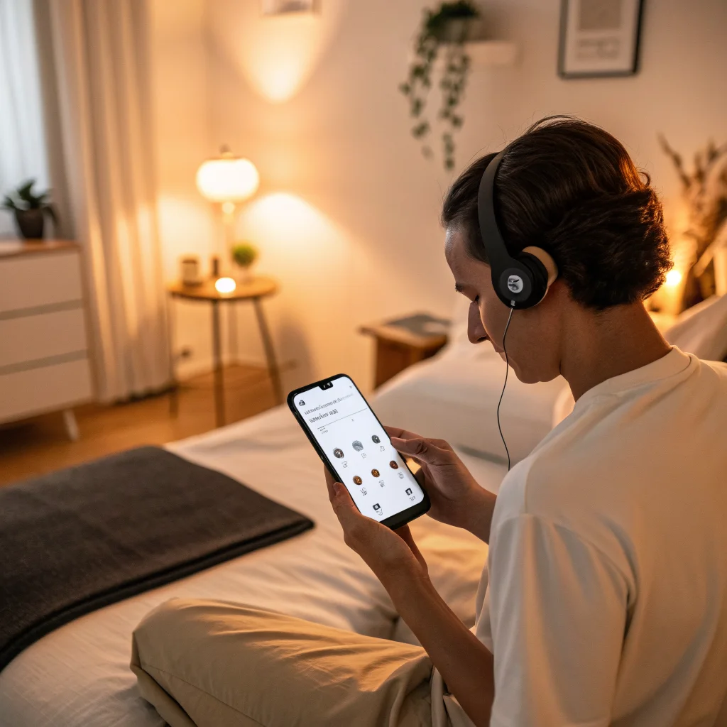 A person wearing Pixel Buds Pro 2 earbuds using a smartphone to adjust sleep detection and active noise cancellation settings in a cozy bedroom.