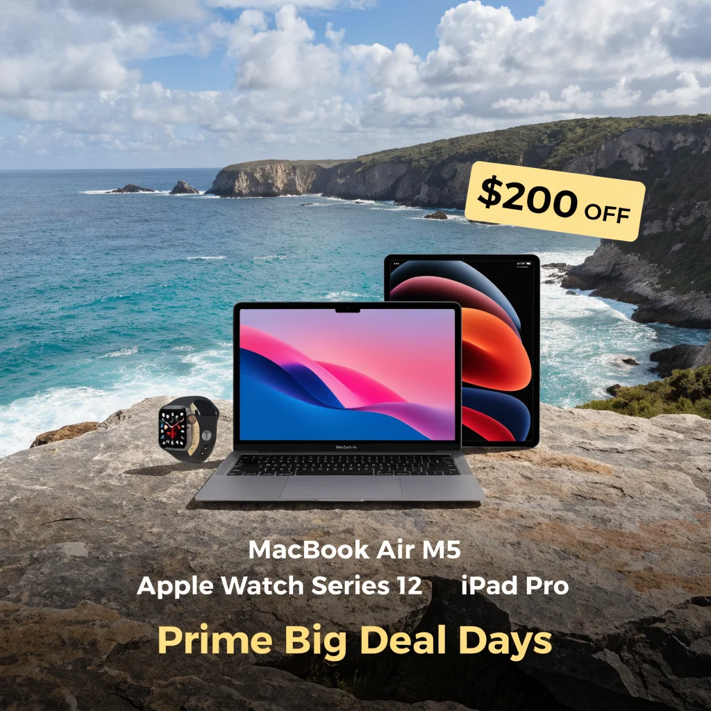 A sleek MacBook Air M5 laptop displayed with a $200 discount tag, alongside an Apple Watch Series 12 and iPad Pro, highlighting Prime Big Deal Days offers.