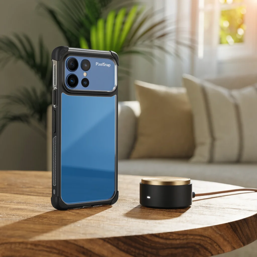 A slim, official Google PixelSnap magnetic phone case for Pixel 10 Pro XL protecting the phone, shown on a wooden table with wireless charging in use.