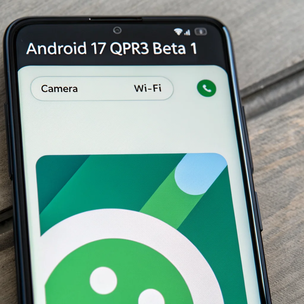 A close-up photo of a Google Pixel 11 Pro smartphone displaying the Android 17 QPR3 Beta 1 update screen, highlighting bug fixes and beta improvements for camera and Wi-Fi.