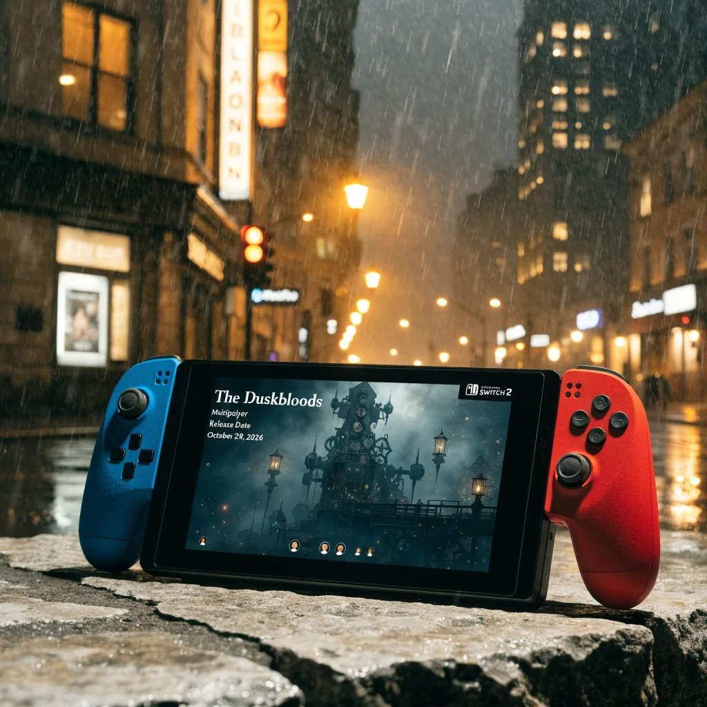 A realistic photo of a Nintendo Switch 2 console displaying the gothic steampunk game The Duskbloods with multiplayer features and an announcement date of October 29, 2026.