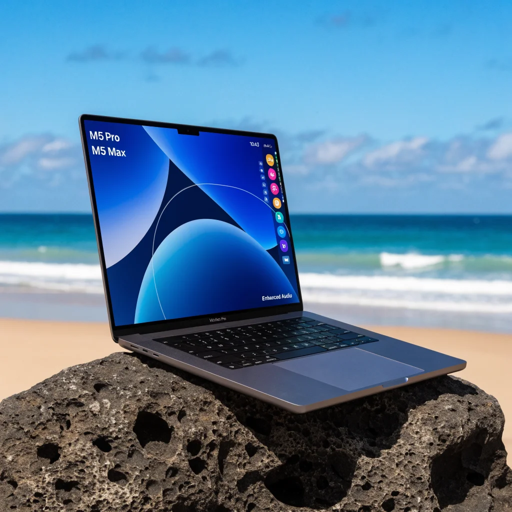 A realistic photo of the new MacBook Pro featuring an OLED Mini-LED Liquid Retina XDR display, M5 Pro and M5 Max chips, Dynamic Island, touchscreen, and enhanced audio system.