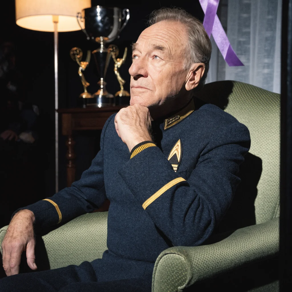 A portrait of Patrick Stewart performing as Jean-Luc Picard, highlighting his theater and award achievements, with a subtle backdrop symbolizing his advocacy against domestic violence.