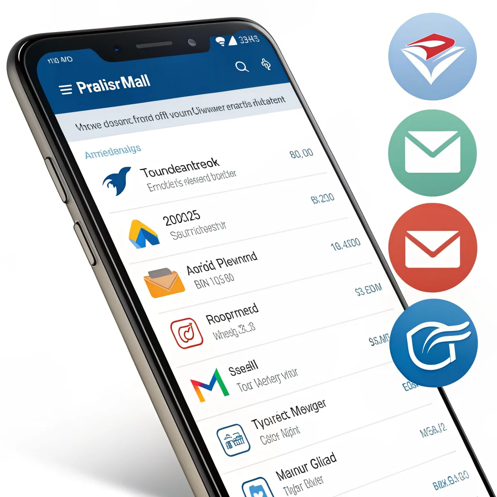 A realistic photo of an Android smartphone displaying the Proton Mail app alongside Thunderbird and Gmail icons, illustrating AI-enhanced email inbox management features.