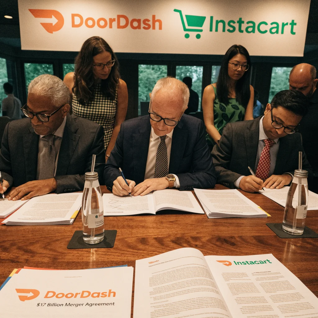 A professional business meeting showing executives from DoorDash and Instacart signing a merger agreement symbolizing the $17 billion food delivery market acquisition.