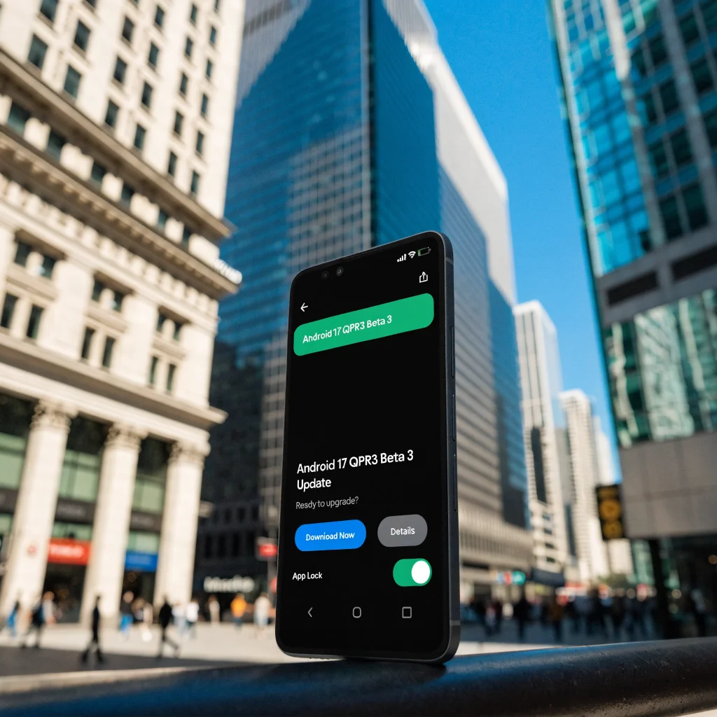 A realistic photo of a Google Pixel 6a smartphone displaying the Android 17 QPR3 Beta 3 update screen with app lock feature enabled.