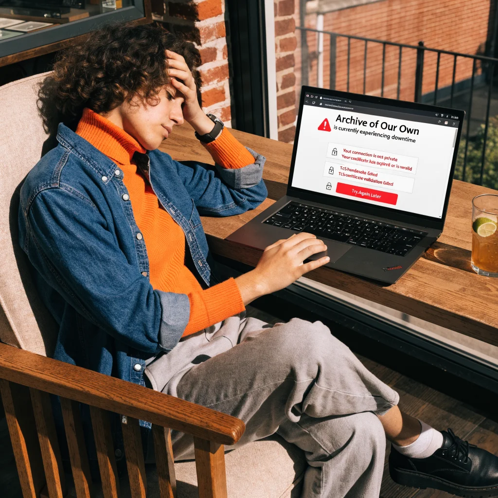 A realistic photo of a person frustrated while using a laptop showing an AO3 (Archive of Our Own) downtime error with visible security warning messages about TLS certificates.
