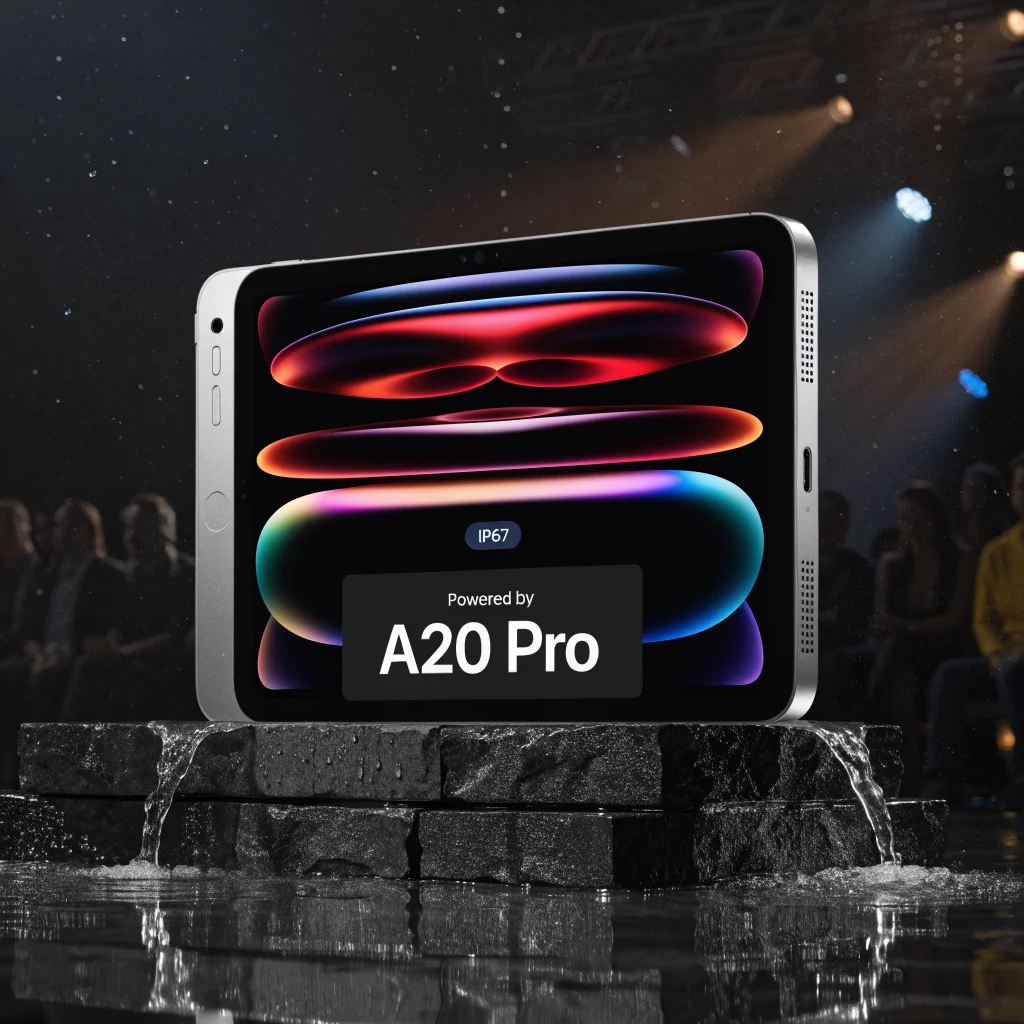 A realistic photo of the 2026 iPad Mini with an 8.5-inch bright OLED screen, showcasing IP67 waterproof certification and the A20 Pro chip at an Apple launch event.