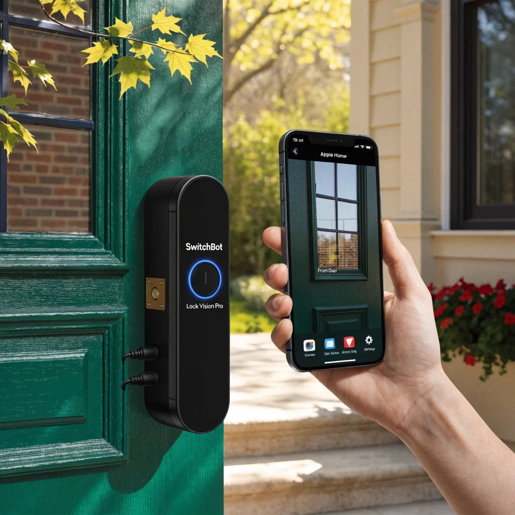 A SwitchBot Lock Vision Pro smart lock installed on a front door, displaying Apple Home app integration on an iPhone for enhanced home security.