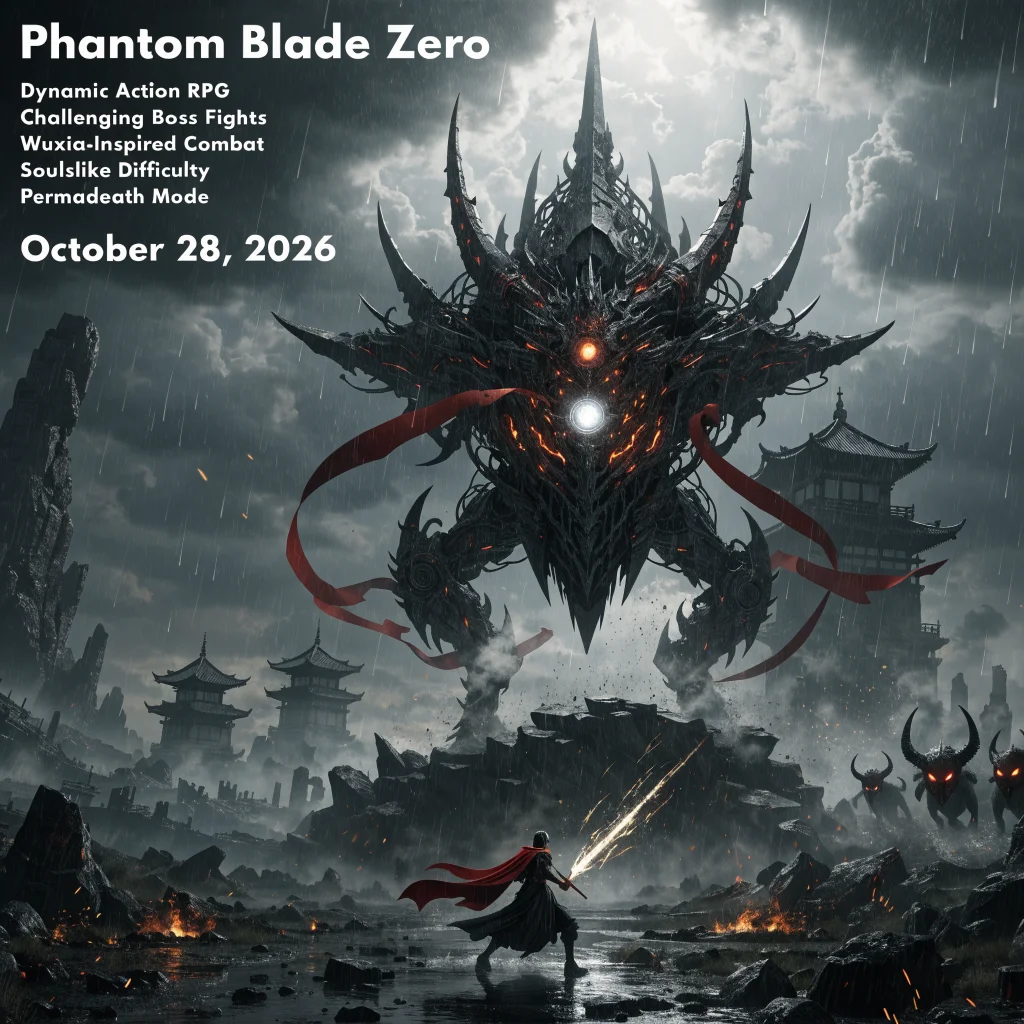 A dynamic action RPG scene from Phantom Blade Zero featuring intense wuxia-style combat, challenging boss fights, and Soulslike difficulty with permadeath mode for October 28, 2026 release.